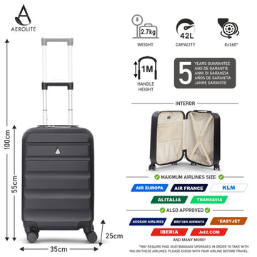 Aerolite (55x35x25cm) Hard Shell Carry On Hand Cabin Luggage Suitcase with 4 dual spinner wheels and Built-in TSA Combination Lock, Max Size for Air Europa, Air France, Alitalia, KLM & Transavia - Black